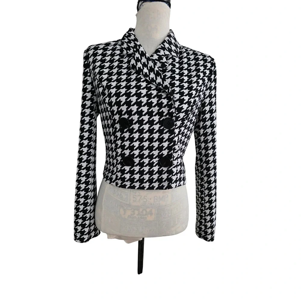 SHEIN Womens Black White Houndstooth Cropped DoubleBreasted Blazer Jacket Medium